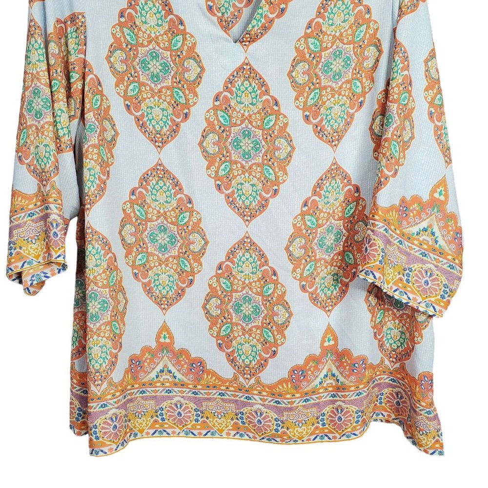 Cynthia Rowley Size 2X Tunic Blouse Pullover Medallion Print Split Neck Blue - Picture 4 of 13